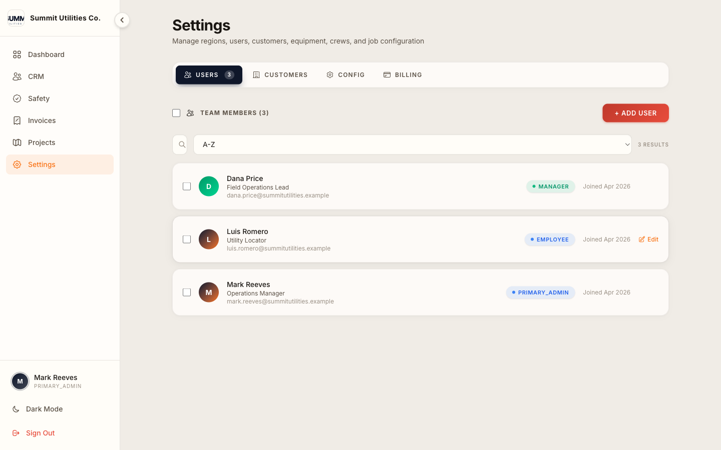 Admin users tab with three team members showing primary admin, manager, and employee roles