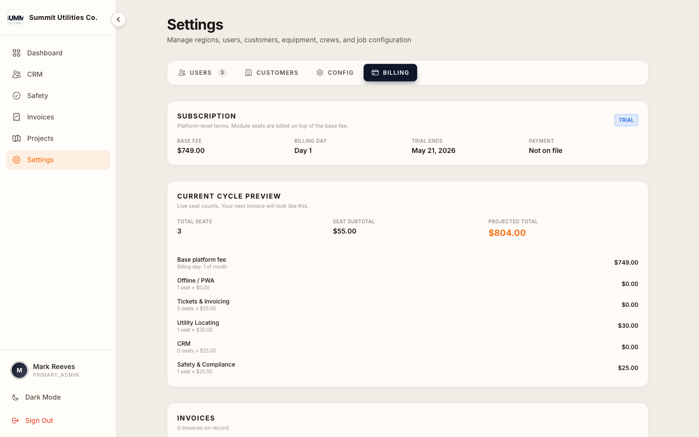 Billing tab showing $749 base platform fee with per-module seat counts and projected $804 monthly total