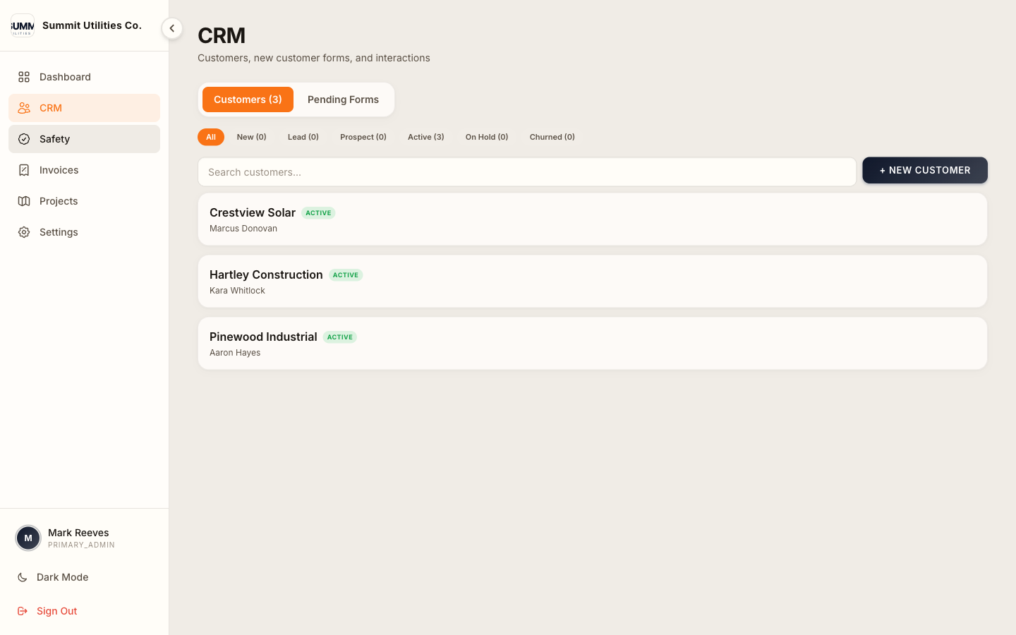 CRM customer list with active customers and primary contacts