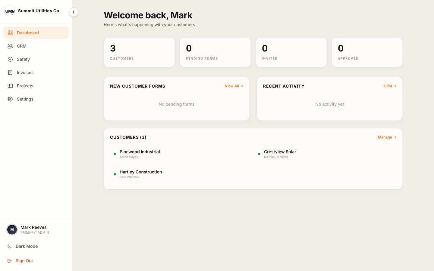 HELM dashboard with customer counts, pending forms, and customer list