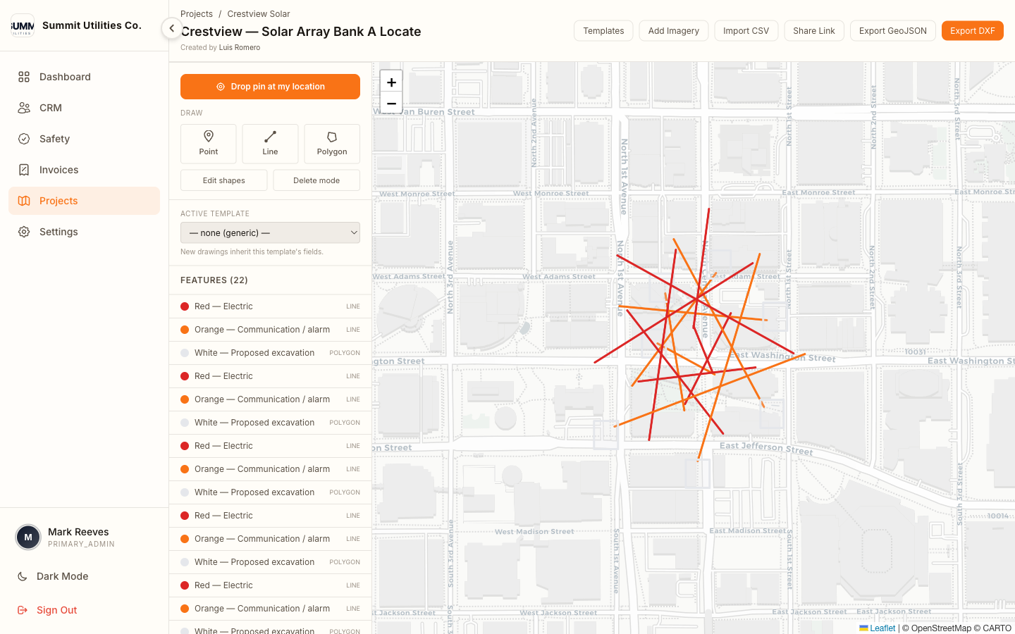 Locating canvas: APWA-color-coded electric and comm lines drawn over downtown Phoenix street map