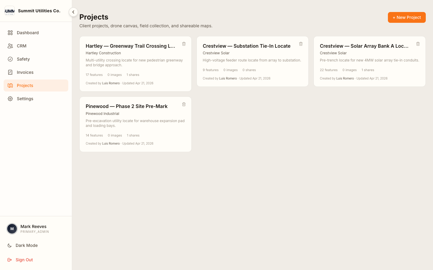 Locating projects organized by customer with feature counts and share status